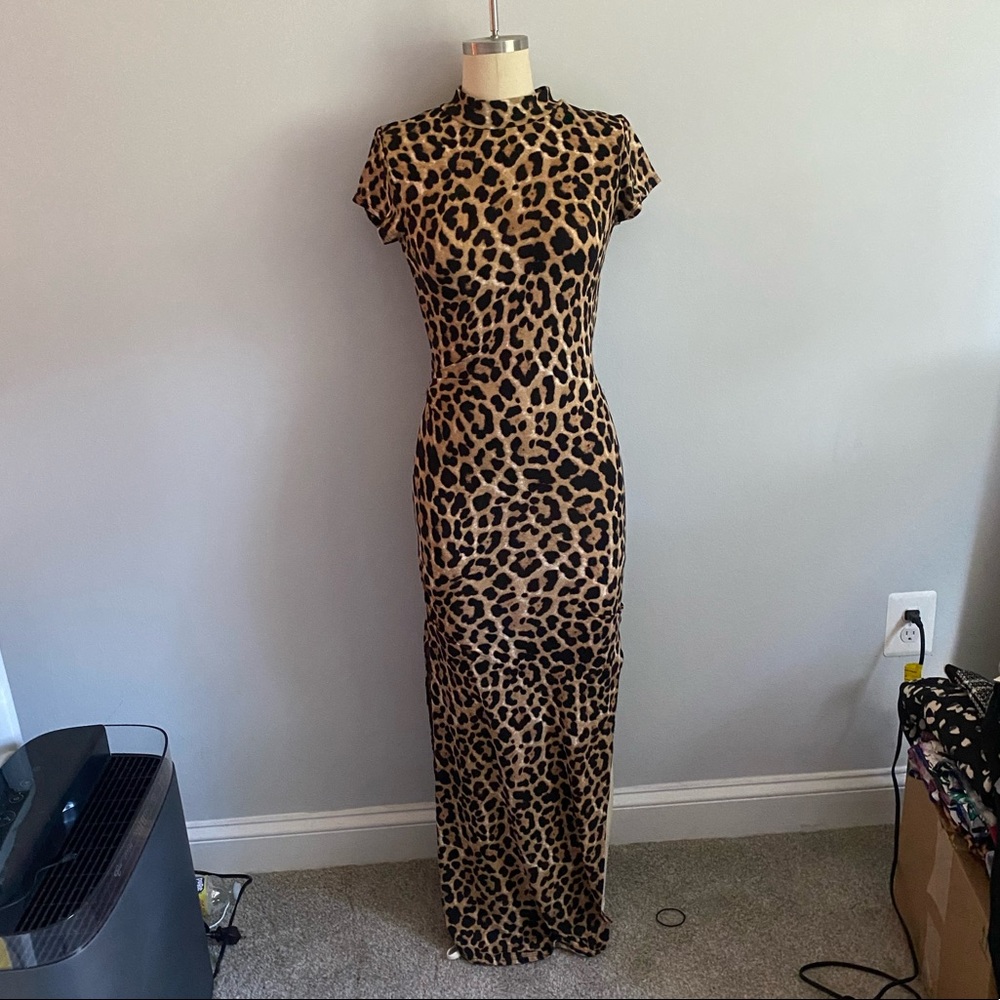 Soft and Stretchy Cheetah Print Maxi Dress with Back Cutout, Size Medium